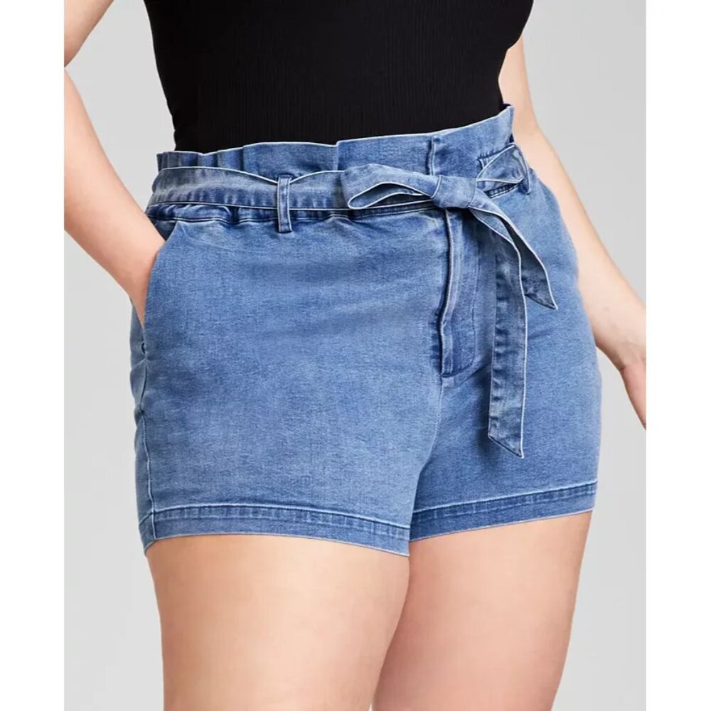 Nina Parker Trendy Plus Size Paper Bag Waist Shorts, Blue Denim, 3X